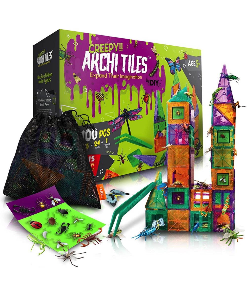 Creepy Archi Tiles - Magnetic Tiles for Kids - Colorful Construction Magnetic Building Blocks with Bugs Storage Bag Stickers ...