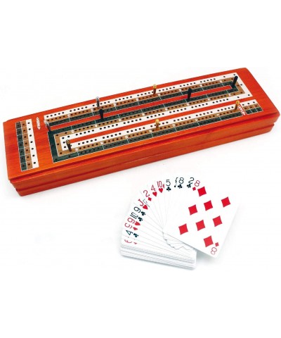 CRIBBAGE BOARD GAME SET. UNIQUE LARGE WOODEN CONTINUOUS 3 TRACK BOARD WITH LARGER STORAGE AREA 9 METAL PEGS AND 2 DECKS OF PL...