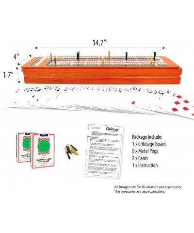 CRIBBAGE BOARD GAME SET. UNIQUE LARGE WOODEN CONTINUOUS 3 TRACK BOARD WITH LARGER STORAGE AREA 9 METAL PEGS AND 2 DECKS OF PL...