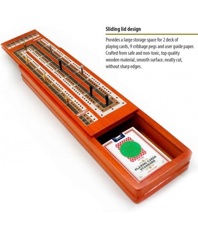 CRIBBAGE BOARD GAME SET. UNIQUE LARGE WOODEN CONTINUOUS 3 TRACK BOARD WITH LARGER STORAGE AREA 9 METAL PEGS AND 2 DECKS OF PL...