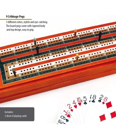 CRIBBAGE BOARD GAME SET. UNIQUE LARGE WOODEN CONTINUOUS 3 TRACK BOARD WITH LARGER STORAGE AREA 9 METAL PEGS AND 2 DECKS OF PL...