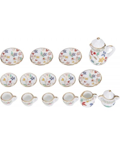 Miniature Tea Cups 15 Pcs1:12 Scale Dollhouse Kitchen Accessories Set Includes Flower Pattern Porcelain Tea Cup Teapot Plate ...