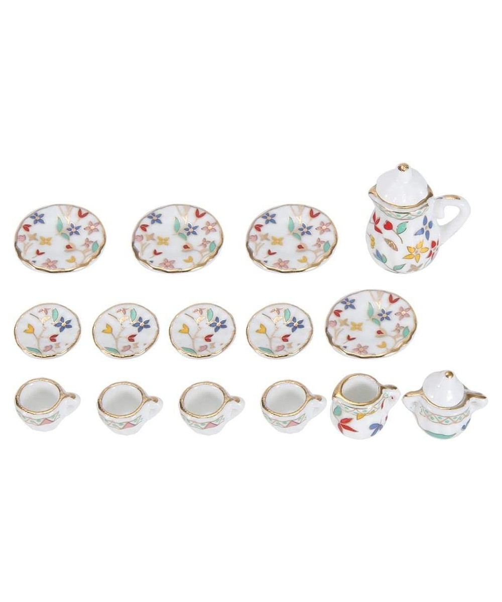 Miniature Tea Cups 15 Pcs1:12 Scale Dollhouse Kitchen Accessories Set Includes Flower Pattern Porcelain Tea Cup Teapot Plate ...