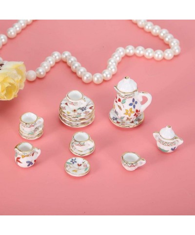 Miniature Tea Cups 15 Pcs1:12 Scale Dollhouse Kitchen Accessories Set Includes Flower Pattern Porcelain Tea Cup Teapot Plate ...