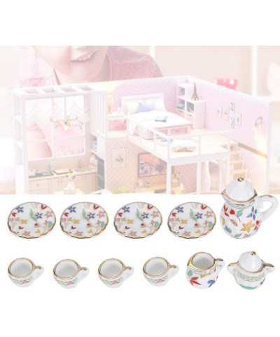 Miniature Tea Cups 15 Pcs1:12 Scale Dollhouse Kitchen Accessories Set Includes Flower Pattern Porcelain Tea Cup Teapot Plate ...