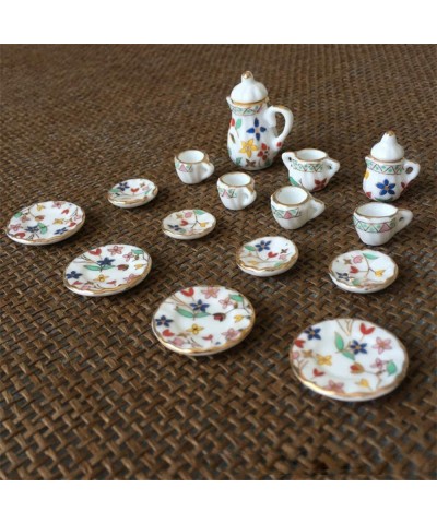 Miniature Tea Cups 15 Pcs1:12 Scale Dollhouse Kitchen Accessories Set Includes Flower Pattern Porcelain Tea Cup Teapot Plate ...