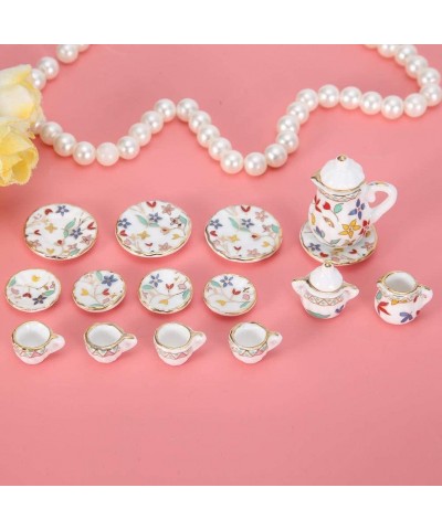 Miniature Tea Cups 15 Pcs1:12 Scale Dollhouse Kitchen Accessories Set Includes Flower Pattern Porcelain Tea Cup Teapot Plate ...