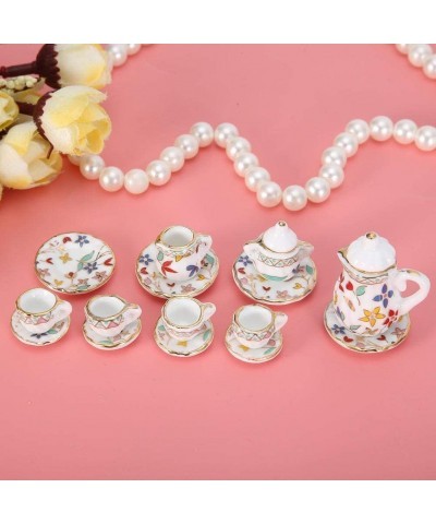 Miniature Tea Cups 15 Pcs1:12 Scale Dollhouse Kitchen Accessories Set Includes Flower Pattern Porcelain Tea Cup Teapot Plate ...