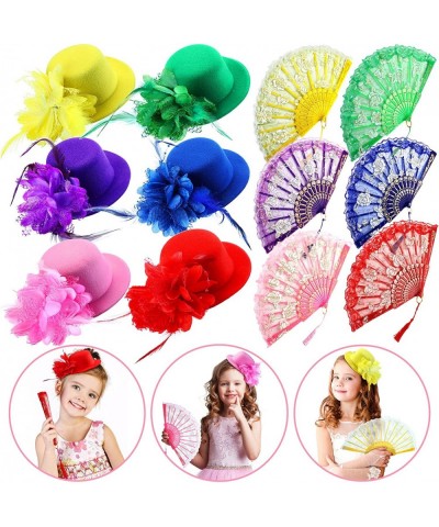 12 Pcs Tea Party Decorations Tiny Tea Party Hats for Little Girls with Elegant Rose Lace Floral Folding Hand Fans Baby Kids D...