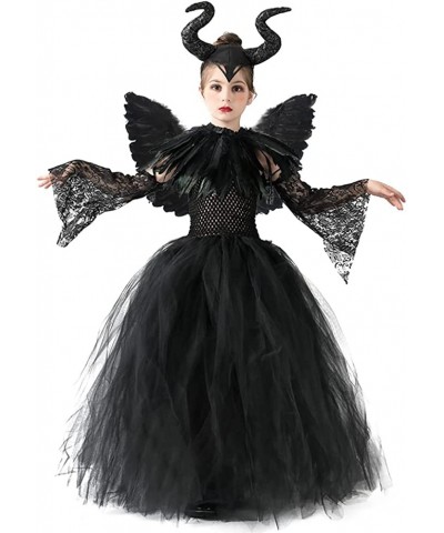 Halloween Costume for Girls Kids Witch Black Tulle Witch Gown Horns Headband Wings Set for Carnival Party $42.00 Kids' Costumes