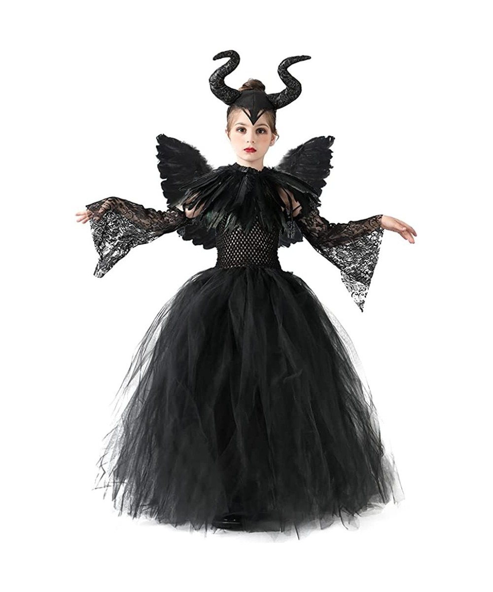 Halloween Costume for Girls Kids Witch Black Tulle Witch Gown Horns Headband Wings Set for Carnival Party $42.00 Kids' Costumes