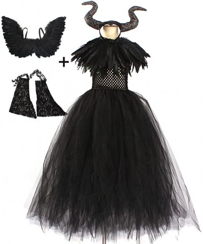 Halloween Costume for Girls Kids Witch Black Tulle Witch Gown Horns Headband Wings Set for Carnival Party $42.00 Kids' Costumes