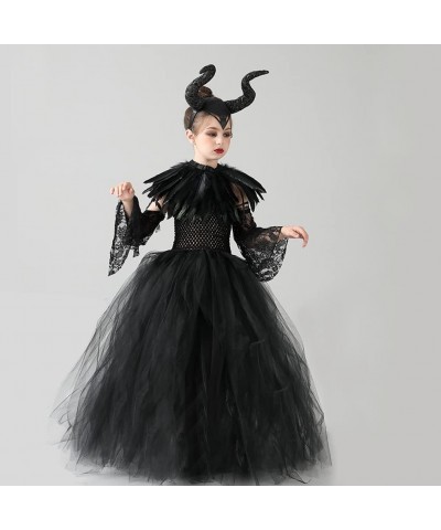 Halloween Costume for Girls Kids Witch Black Tulle Witch Gown Horns Headband Wings Set for Carnival Party $42.00 Kids' Costumes