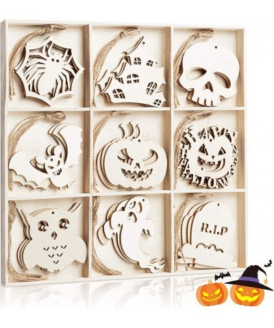 27pcs Halloween Cutouts Wooden Ornaments Scary Theme Shape for Hang Tags with Twine Ropes DIY Graffiti Craft for Classroom Ha...