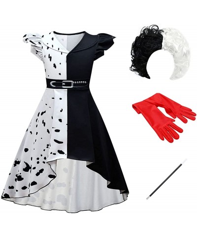 Kids Girls Cruella Deville Costume Halloween Carnival Cosplay Movie Character Gown+Wig+Gloves+The Pole 5PCS Outfit $62.59 Kid...