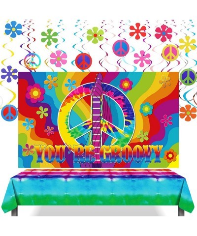 32 Pcs Tie Dye Groovy 60's Party Decorations Hippie Party Supplies Tablecloth Backdrop Include Foil Swirl Decorations Tie Dye...