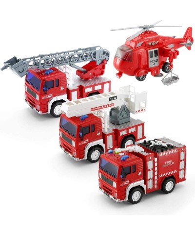 4 Pack Friction Powered City Fire Rescue Vehicle Truck Car Set Including Helicopter Boom Lift Truck Ladder Fire Truck and Fir...