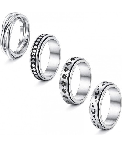 4Pcs Stainless Steel Fidget Ring for Women Men Spinner Ring Anxiety Ring Moon Star Flower Stress Relieving Fidget Band Rings ...