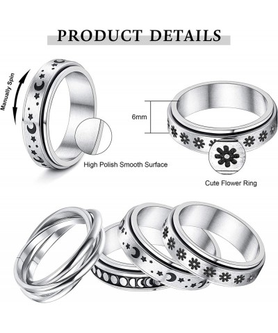 4Pcs Stainless Steel Fidget Ring for Women Men Spinner Ring Anxiety Ring Moon Star Flower Stress Relieving Fidget Band Rings ...