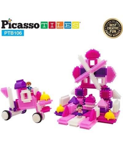 PTB106 106pcs Bristle Lock Building Blocks Tiles Pink Castle Theme Set w/ Human Figures Learning Playset STEM Toy Set Educati...