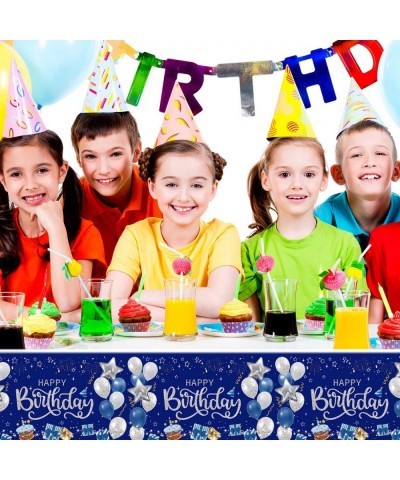 Happy Birthday Decorations 1 Pieces Navy Blue and Silver Happy Birthday Tablecloths for Boys Girls Men Women Plastic Disposab...