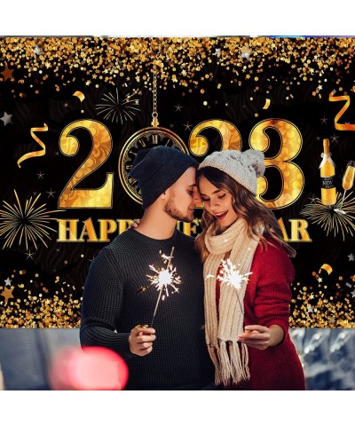 Happy New Year Banner 2023 Shiny Happy New Year Eve Party Decorations Supplies Large Black and Gold 2023 Happy New Year Photo...