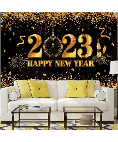 Happy New Year Banner 2023 Shiny Happy New Year Eve Party Decorations Supplies Large Black and Gold 2023 Happy New Year Photo...