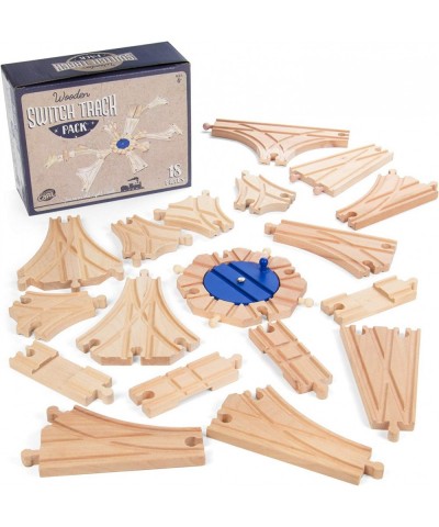 Switch Track Wooden Train Set (18 pcs.) - 8 Way Turntable Rail Station Accessory Curved Switch Tracks Basic and Advanced Piec...