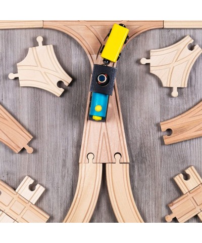 Switch Track Wooden Train Set (18 pcs.) - 8 Way Turntable Rail Station Accessory Curved Switch Tracks Basic and Advanced Piec...