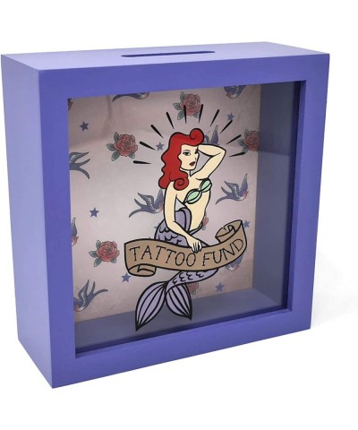 Tattoo Fund with Mermaid Design Square Wooden Money Box Wood & Glass Piggy Bank $49.27 Kids' Money Banks