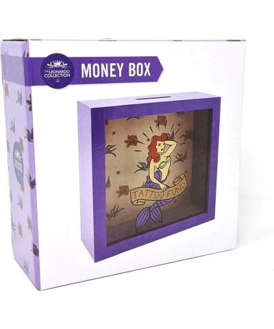 Tattoo Fund with Mermaid Design Square Wooden Money Box Wood & Glass Piggy Bank $49.27 Kids' Money Banks