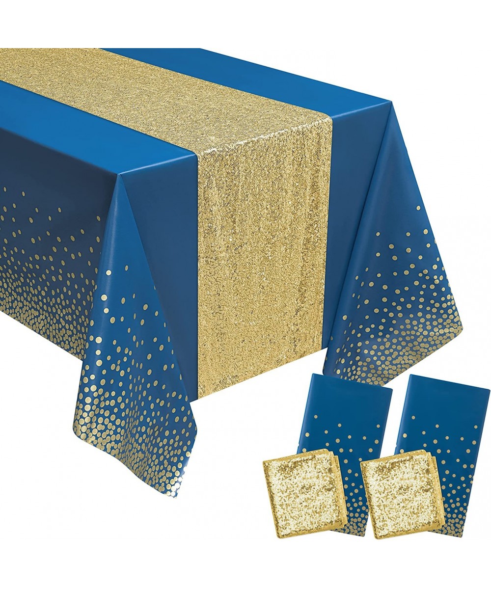 4Pcs Navy Blue and Gold Table Cloth Table Runner Set Rectangle Dot Table Cover Waterproof Tablecloth Confetti Gold Table Runn...