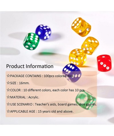 Dice Set 100 Pcs 16MM (5/8 inches) 6 Sided Translucent Colors Game Dice 10 Colors with Black Pouch $24.68 Game Accessories