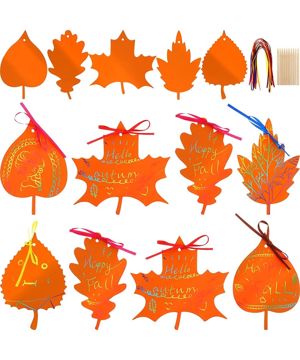 50 Pieces Scratch Fall Leaves Colorful Scratch Leaves Scratch Rainbow Art Paper with Ribbons and Wooden Stylus for Thanksgivi...