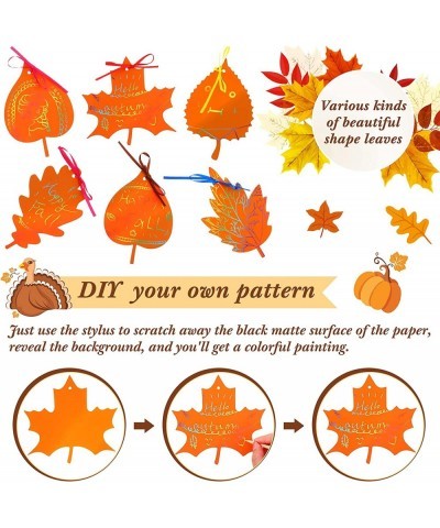 50 Pieces Scratch Fall Leaves Colorful Scratch Leaves Scratch Rainbow Art Paper with Ribbons and Wooden Stylus for Thanksgivi...