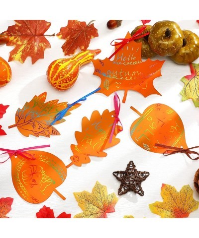 50 Pieces Scratch Fall Leaves Colorful Scratch Leaves Scratch Rainbow Art Paper with Ribbons and Wooden Stylus for Thanksgivi...