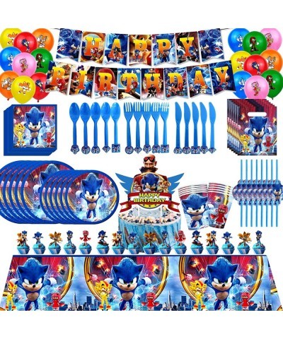 Sonic Birthday Party Supplies Sonic Party Decorations Includes Banner Cake topper Cupcake topper 7+9inch Plates Gift bags Tab...