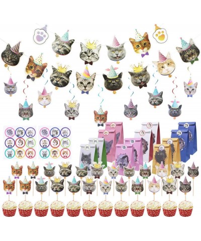 61Pcs Cat Birthday Decoration 14 Pcs Cat Face Birthday Banner with 24 Pcs Puppy Cupcake Toppers 9 Pcs Hanging Swirl Decoratio...