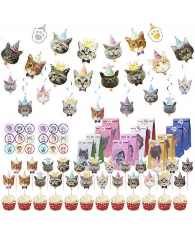 61Pcs Cat Birthday Decoration 14 Pcs Cat Face Birthday Banner with 24 Pcs Puppy Cupcake Toppers 9 Pcs Hanging Swirl Decoratio...