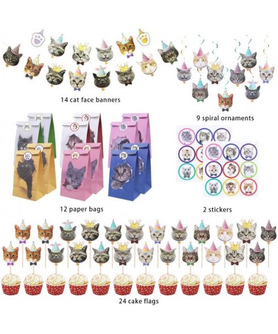 61Pcs Cat Birthday Decoration 14 Pcs Cat Face Birthday Banner with 24 Pcs Puppy Cupcake Toppers 9 Pcs Hanging Swirl Decoratio...