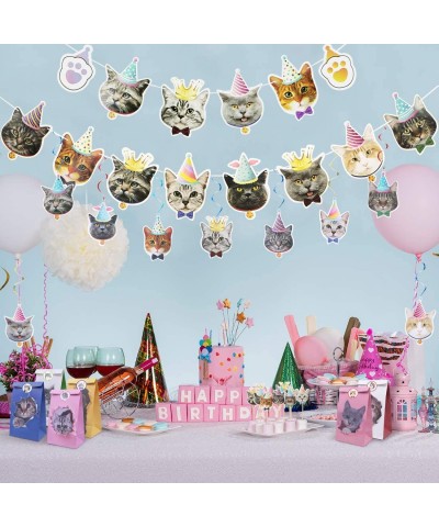 61Pcs Cat Birthday Decoration 14 Pcs Cat Face Birthday Banner with 24 Pcs Puppy Cupcake Toppers 9 Pcs Hanging Swirl Decoratio...