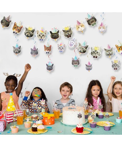 61Pcs Cat Birthday Decoration 14 Pcs Cat Face Birthday Banner with 24 Pcs Puppy Cupcake Toppers 9 Pcs Hanging Swirl Decoratio...