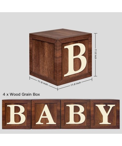 Wood Print Baby Shower Boxes for Teddy Bear Birthday Party Centerpiece - 4 Pcs Wood Grain Baby Cubes Rustic Baby Blocks with ...