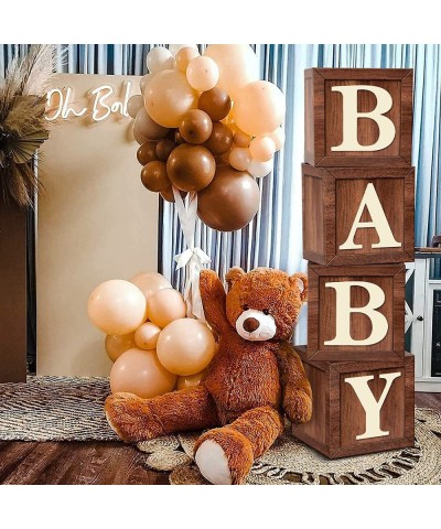 Wood Print Baby Shower Boxes for Teddy Bear Birthday Party Centerpiece - 4 Pcs Wood Grain Baby Cubes Rustic Baby Blocks with ...