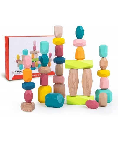 32 Pcs Wooden Stacking Stones Rocks Wooden Balancing Stones Rock Blocks Set Colorful Educational Montessori Stacking Toys Set...