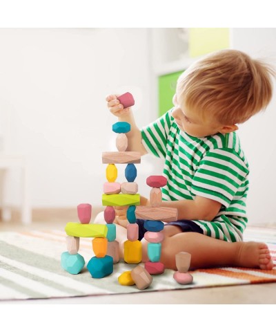 32 Pcs Wooden Stacking Stones Rocks Wooden Balancing Stones Rock Blocks Set Colorful Educational Montessori Stacking Toys Set...