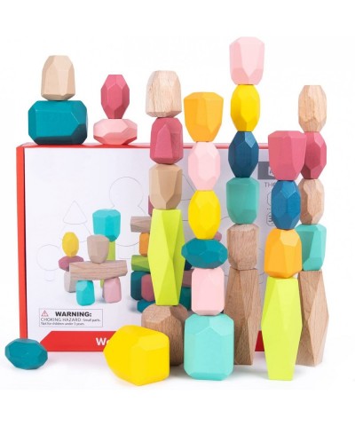 32 Pcs Wooden Stacking Stones Rocks Wooden Balancing Stones Rock Blocks Set Colorful Educational Montessori Stacking Toys Set...