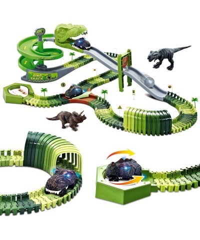 Dinosaur Toys Flexible Race Track Toy Set 166 PCS with 2 Dinosaur Cars Rotary Tower Slide Tunnel U-Turn Station 2 Dinosaur Fi...