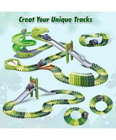 Dinosaur Toys Flexible Race Track Toy Set 166 PCS with 2 Dinosaur Cars Rotary Tower Slide Tunnel U-Turn Station 2 Dinosaur Fi...