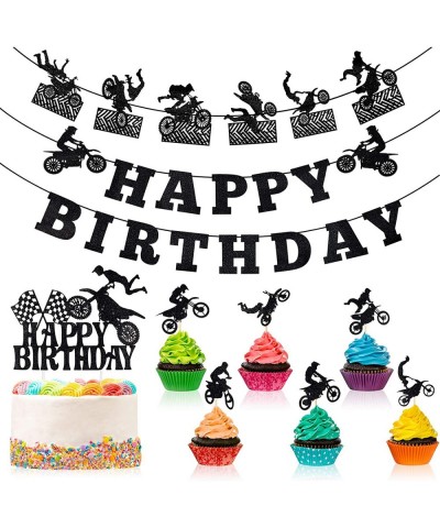 20 Pieces Dirt Bike Birthday Decoration Dirt Bike Party Supplies Banner Cake Cupcake Topper for Motocross Themed Birthday Par...